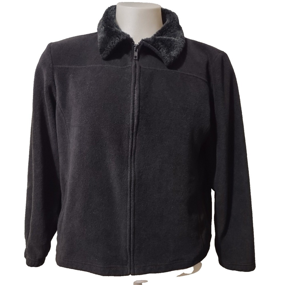 Zoey & Beth Jacket Large Women's Fleece Full Zip Pockets Black Faux Fur Collar @